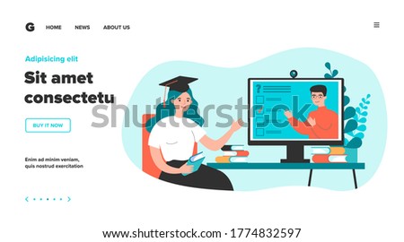 College student watching online webinar, passing test, using computer, attending class. Vector illustration for distance learning, homeschooling, education in lockdown time, video conference concept