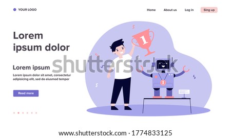 Young engineer making robot and winning award flat vector illustration. Cartoon winner holding cup for electronic toy. School programming project and competition concept