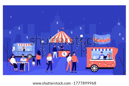 Happy people walking at night market isolated flat vector illustration. Cartoon characters eating fast food from street stall or booth. Summer activity and fair concept