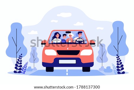 Happy family travelling in car isolated flat vector illustration. Front view of cartoon father, mother, son and grandmother in automobile. Vacation and weekend concept