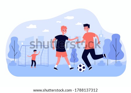 Active children playing soccer outdoors isolated flat vector illustration. Cartoon happy kids kicking ball and running at playground. Sport game and childhood concept