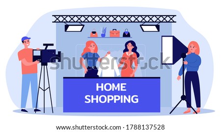Home shopping shooting. Actress with clothes, camera crew, studio flat vector illustration. Advertising, consumerism, TV show concept for banner, website design or landing web page