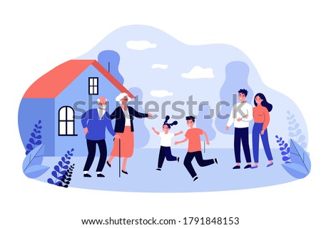 Parents and excited kids visiting grandparents. Old couple welcoming children and grandchildren at country house. Vector illustration for family, togetherness, generation concept
