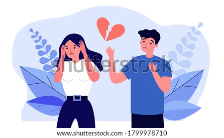 Heartbroken couple splitting up. Stressed upset man and crying woman separating flat vector illustration. Breakup, unhappy relationship concept for banner, website design or landing web page