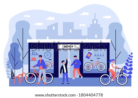 Happy young people buying bicycles in store. Shop, vehicle, wheel flat vector illustration. Transportation and urban lifestyle concept for banner, website design or landing web page