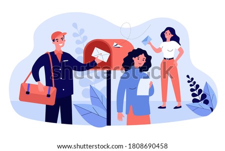 People receiving and reading marketing newsletter. Postman placing envelope into mailbox. Vector illustration for mail service, advertising, post, communication concepts