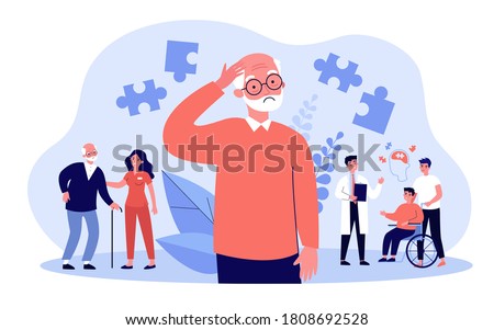 Alzheimer patients concept. People suffering from brain disease and memory loss, getting medical help. Vector illustration for neurology therapy, mental illness risk topics