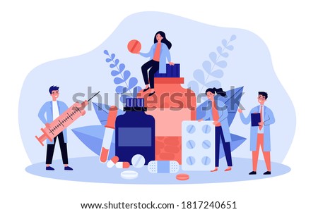 Pharmacy and drugstore concept. Tiny pharmacists presenting drugs, antibiotic pills, vitamin, syringe, bottles. Vector illustration for medication, pharmaceutical store, cure topics