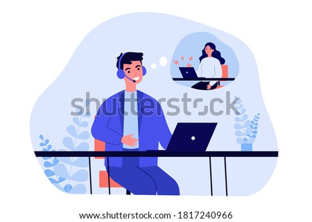 Support operator talking to unhappy client. Man in headset, upset woman with laptop in though bubble flat vector illustration. Customer service concept for banner, website design or landing web page