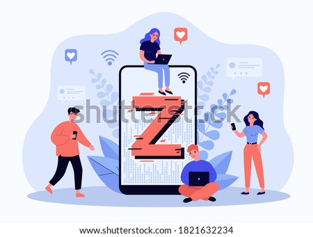 Tiny people messaging online flat vector illustration. Cartoon modern demography trend with progressive youth gen. Z generation, social culture and technology concept