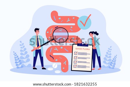 Tiny scientists studying gastrointestinal tract and digestive system isolated flat vector illustration. Cartoon medical doctors doing analysis of gut microorganisms. Health and nutrition concept