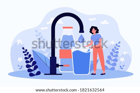 Tiny woman taking pure clean water flat vector illustration. Cartoon female character standing with glass of fresh natural drink and potable liquid. Nature, eco and environment concept