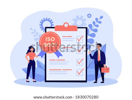 Tiny business people meeting quality control standards and getting certificate. Flat vector illustration for certification, quality management, industry concept