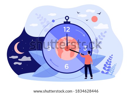 Twenty-four-hour cycle isolated flat vector illustration. Cartoon tiny characters near clock with day and night changing rhythm. Planet movement around sun. Circadian system and time balance concept