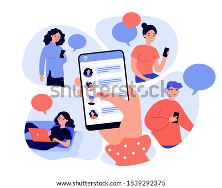 Female hand holding smartphone and sharing news flat vector illustration. Cartoon character using mobile phones and laptop chatting online. digital technology and information concept