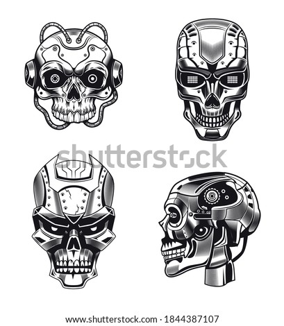 Robot skulls vector illustrations set. Collection of monochrome humanoid heads with aggressive faces. Robotics or artificial intelligence concept for emblems or badges templates