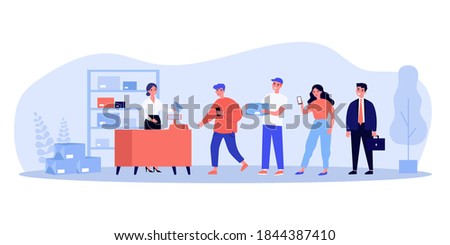 People waiting in queue in post office. Box, parcel, letter flat vector illustration. Delivery and postal service concept for banner, website design or landing web page