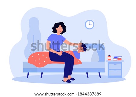 Sad mum sitting near sick kid flat vector illustration. Cartoon ill child lying in bed under blanket and suffering from flu or cold. Mother care and fever concept