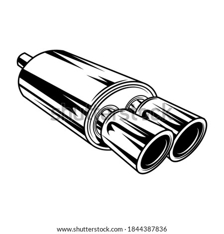 Double exhaust pipe vector illustration. Vintage car chrome part, automobile detail. Repair concept for mechanic service station emblem or garage label templates