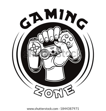 Vintage badge of hand holding joystick vector illustration. Round label with gamepad. Videogame and gaming zone concept can be used for retro template, banner or poster