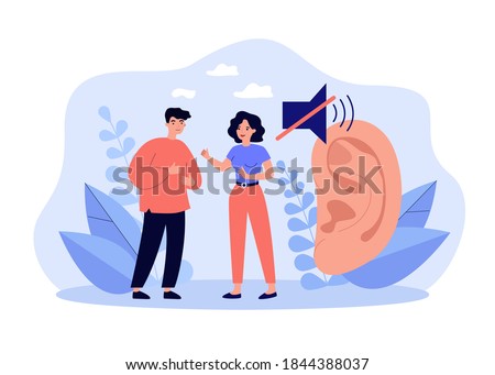 Deaf people talking with gestures flat vector illustration. Cartoon handicapped characters near large ear symbol. Sign language and hearing loss concept