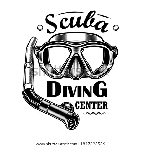 Diver mask and tube vector illustration. Scuba diving center text. Seaside activity concept for snorkeling or diving club emblems or labels templates