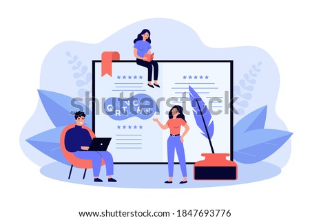 Talented typewriters reading and writing poems. Happy young people gathering at open book and antique feather with ink. Vector illustration for poet, poetry club, literature concept