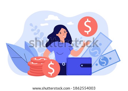 Happy female entrepreneur surrounded money and showing gold coin isolated flat vector illustration. Cartoon bank consumer refinancing loan. Personal financial target and business concept