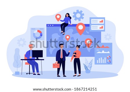 Team of professionals doing global business research. Business people near world map with pointers. Vector illustration for international development, company extension, marketing concept