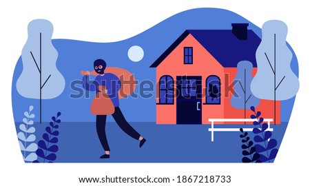 Burglar in balaclava carrying bags from house. Thief, gangster, broken window flat vector illustration. Crime or burglary concept for banner, website design or landing web page