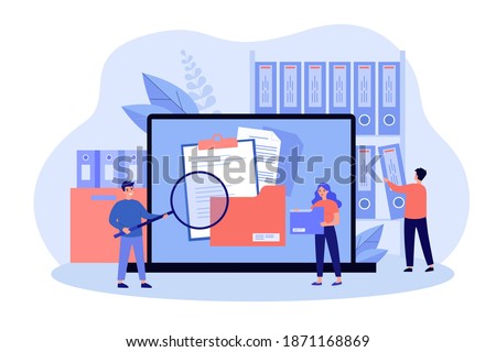 People taking documents from shelves, using magnifying glass and searching files in electronic database. Vector illustration for archive, information storage concept Imagine de stoc © 