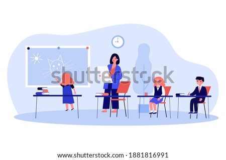 Cartoon kids learning in classroom and painting. Teacher, children, school flat vector illustration. Education and study concept for banner, website design or landing web page