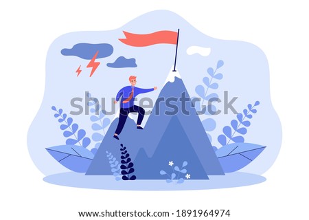 Businessman climbing on mountain through obstacles isolated flat vector illustration. Cartoon person never giving up for target, belief and growth. Perseverance, effort and ambition concept Imagine de stoc © 