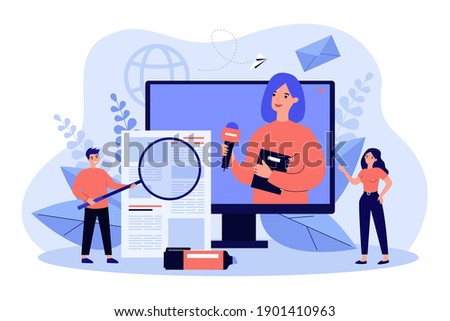 Broadcasting with journalist or newscaster reading newsletter, reporting news. People watching news on TV, reading press. Vector illustration for digital television, media, communication concept