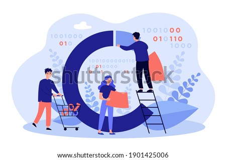 Tiny people analyzing data process diagram, Analysts testing binary code for software. Vector illustration data analysis, information technology industry concept