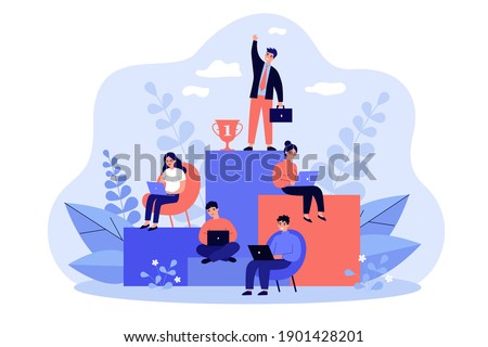 Employees working and competing for success on career growth ladder. Vector illustration for corporate hierarchy, career planning, business competition, leadership concept Stock foto © 