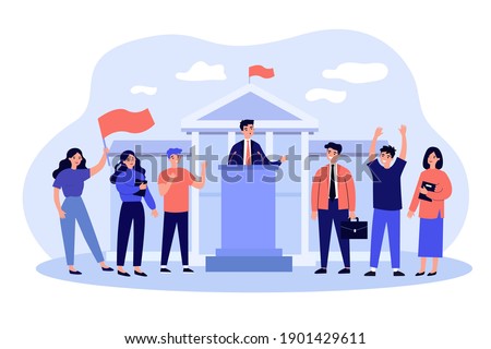 Minister speaking before audience at parliament government building. Crowd of people giving support to political speaker or election candidate. Vector illustration for politics, democracy concept