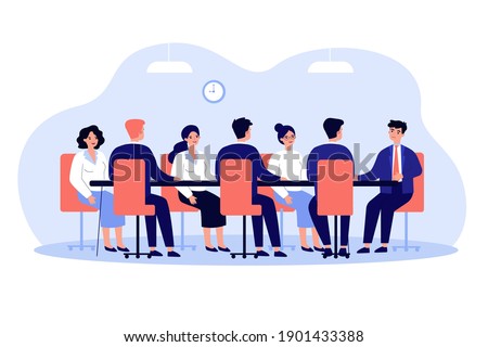 Business leader holding corporate meeting with team in boardroom. Politician talking to staff at round conference table. Vector illustration for authority, chairman, negotiations, discussion concept