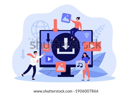 Multimedia content upload interface. Internet users downloading music, video piratic files. Tiny people at computer screen. Flat vector illustration for torrent data, digital content sharing concept