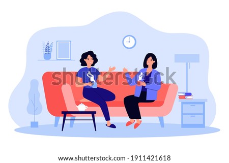 Two female friends drinking tea at home flat vector illustration. Cartoon smiling characters sitting on sofa in living room with coffee and talking. Conversation and friendship concept