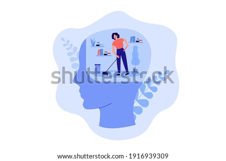 Tiny person cleaning space inside human head, moping floor. Person working on clear mind and mental detox metaphor. Vector illustration for mental health improvement, sanity, self care concept