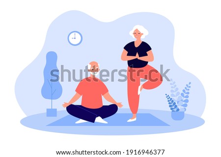 Senior adult couple doing yoga at home, practicing meditation on mat, exercising, keeping active healthy lifestyle. Vector illustration for old people activity, retirement, sport, fitness concept