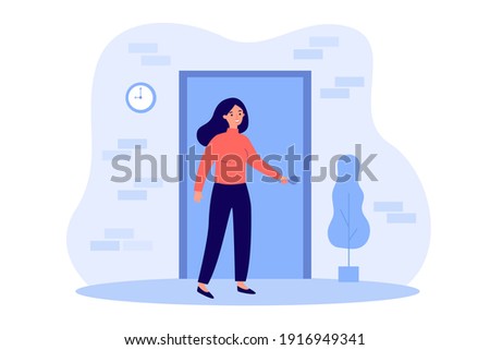 Person holding handle and opening apartment door. Woman entering into house or office. Flat vector illustration for entrance, home, exit, challenge, opportunity concept