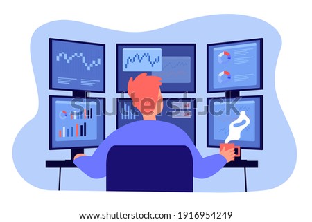 Broker working on stock market at workplace. Trader analyzing financial charts on multiple computer monitors. Vector illustration trading office, finance, analysis, investor job concept