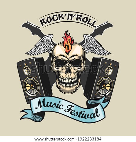 Creative badge with rocker skull and acoustic systems vector illustration. Colorful rock-n-roll element and guitars. Rock music festival and entertainment concept can be used for retro template