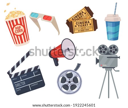 Cinema elements set. Tickets, popcorn bucket, megaphone, 3D glasses, clapperboard, montage tape, video camera. Vector illustration for cinema theater, film industry, show, movie making concept