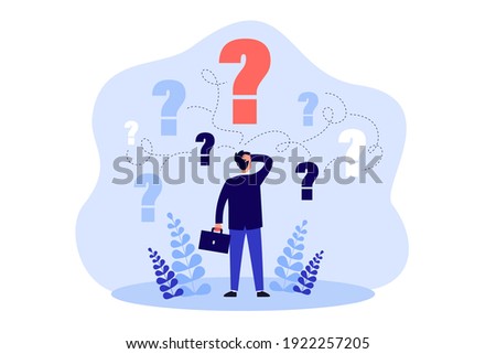 Pensive man standing and making business decision isolated flat vector illustration. Cartoon businessman choosing work strategy for success. Questions dilemma and options confusion concept