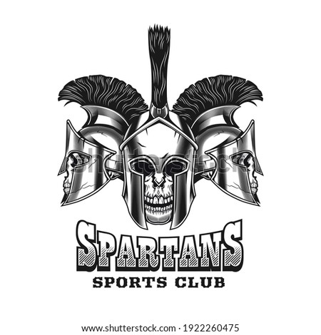 Spartan skulls emblem design. Monochrome element with Rome fighter helmets vector illustration with text. Fight or sport club concept for symbols and labels templates