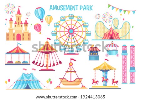 Colorful amusement park flat elements set. Cartoon carnival, circus and funfair carousels isolated on white background vector illustration collection. Fantasy playground entertainment concept 商業照片 © 