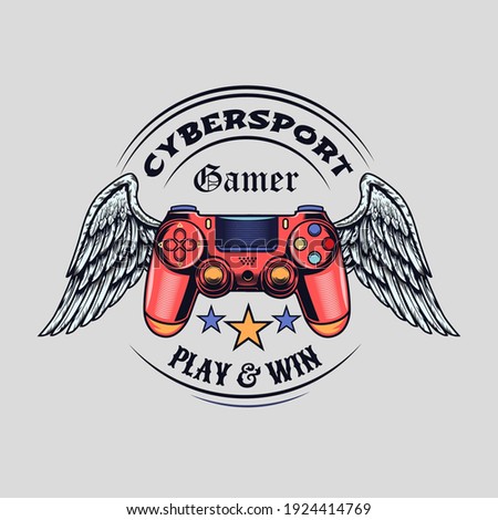 Colored badge with winged gamepad vector illustration. Round colorful banner with wings, joystick and text. Cybersport and gaming zone concept can be used for retro template